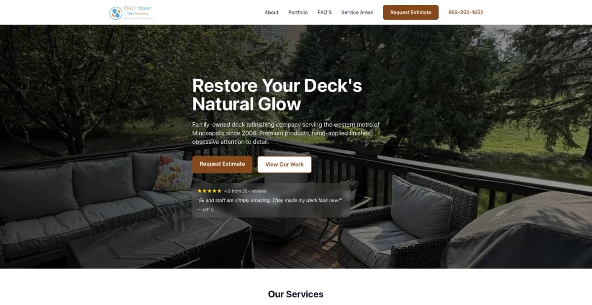 Oil & Water Deck Refinishing - custom website for Minnesota deck restoration business