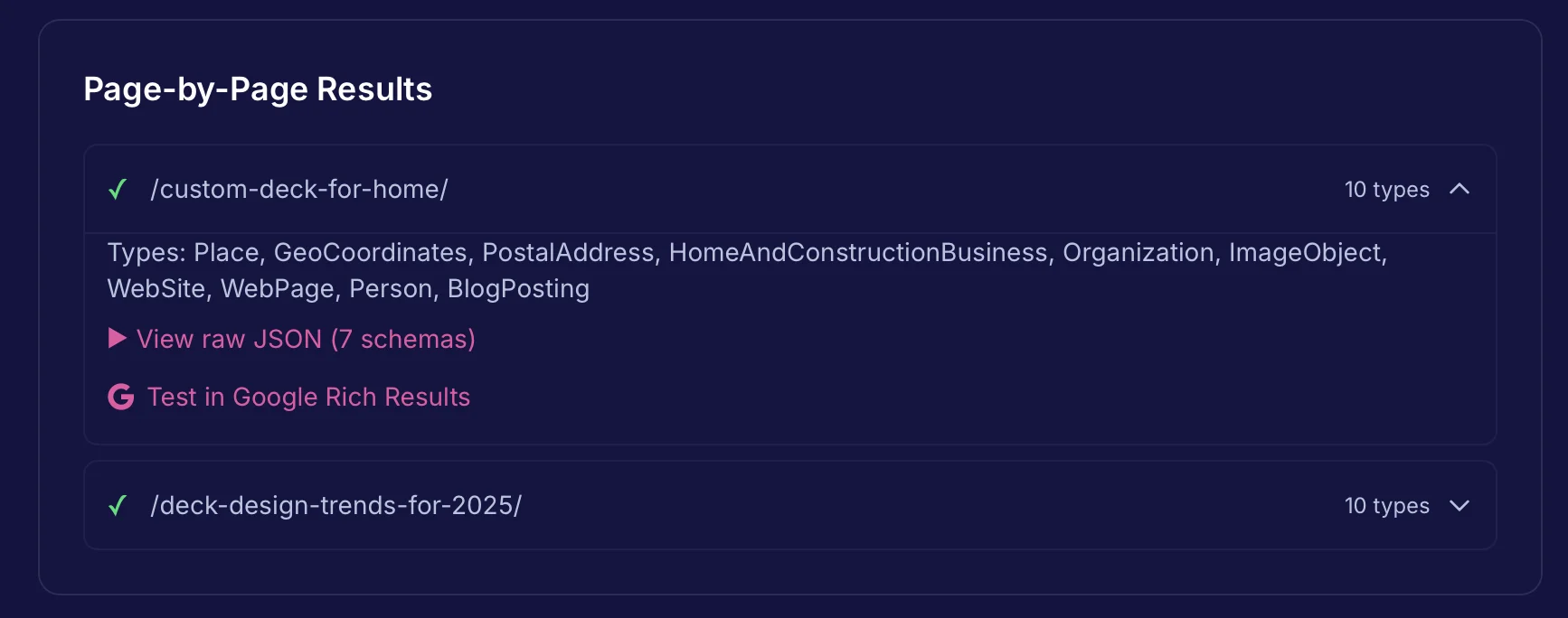Schema markup generator tool showing JSON-LD structured data output for local business