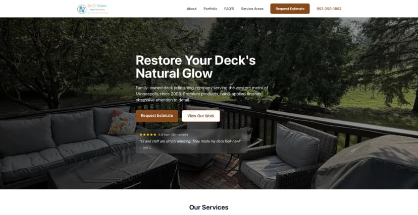Oil & Water Deck Refinishing homepage - custom website for Minnesota deck restoration business