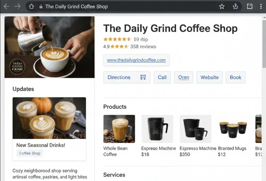Google Business Profile optimization example showing products services and updates for local SEO