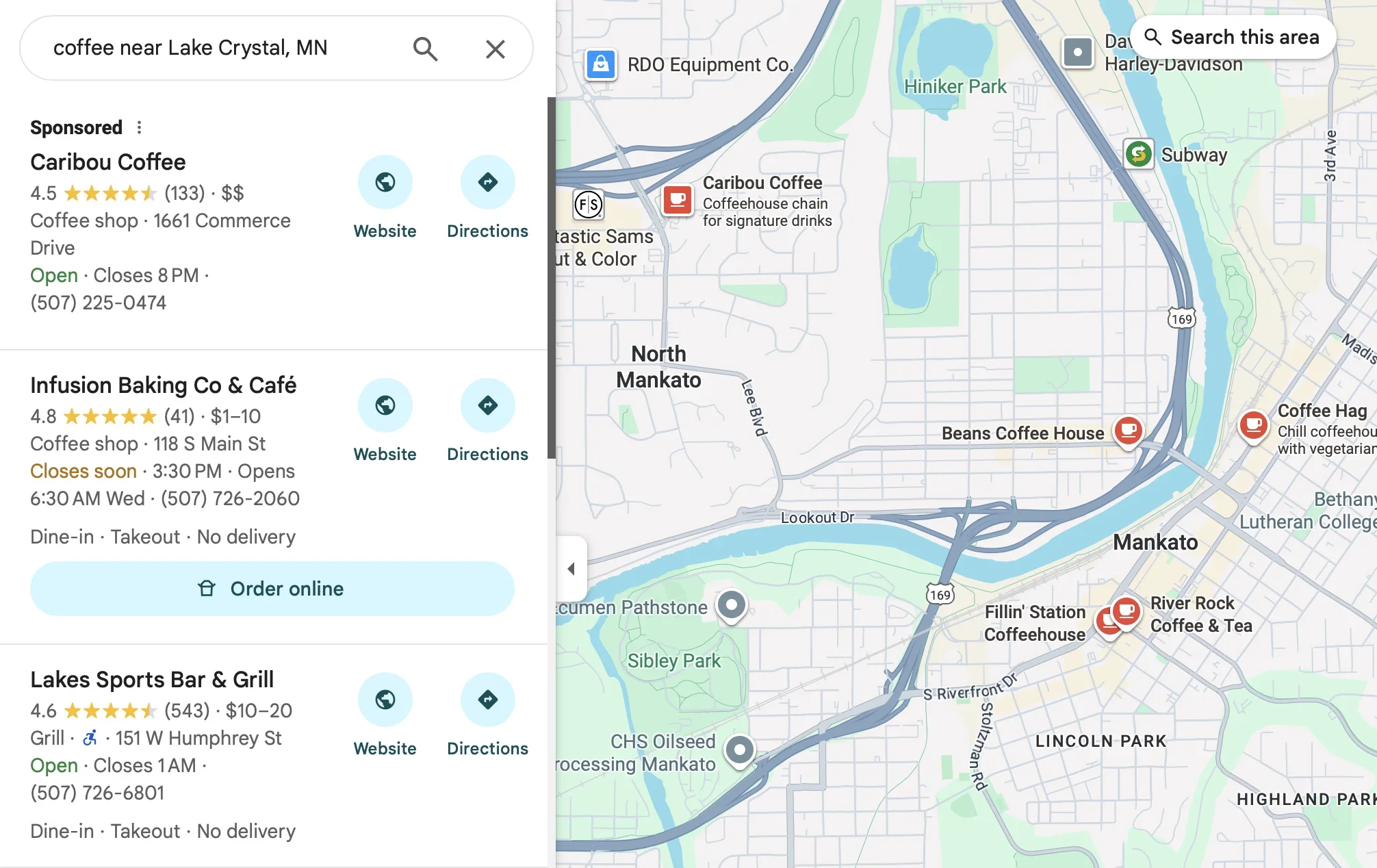 Google Maps local pack results showing local SEO rankings for coffee shops near me